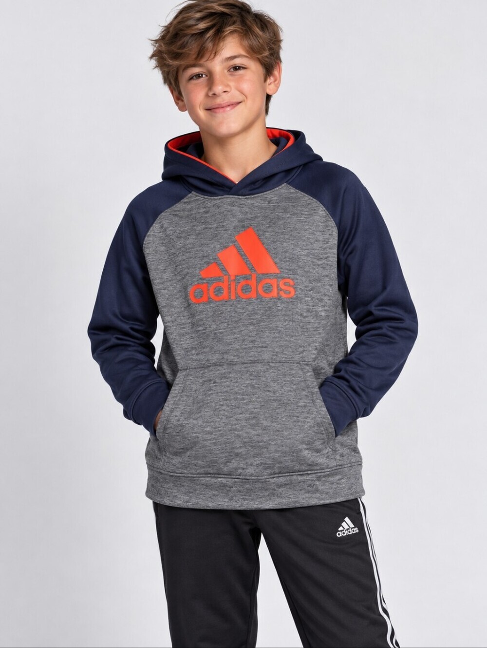 Adidas Heather Gray/Navy Colorblock Orange Logo Hoodie Hooded Sweatshirt Boy's M